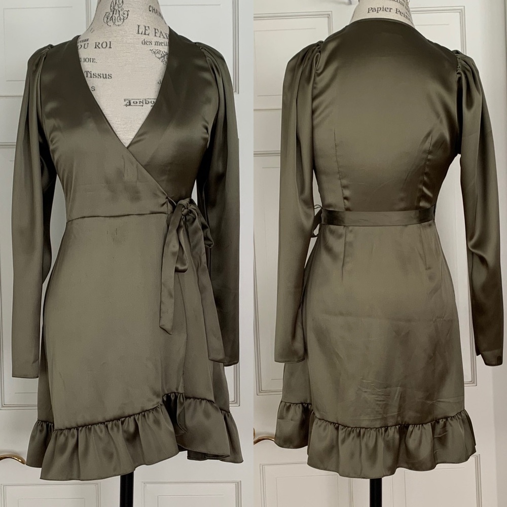 ASOS Green Khaki Satin Mini Wrap Dress